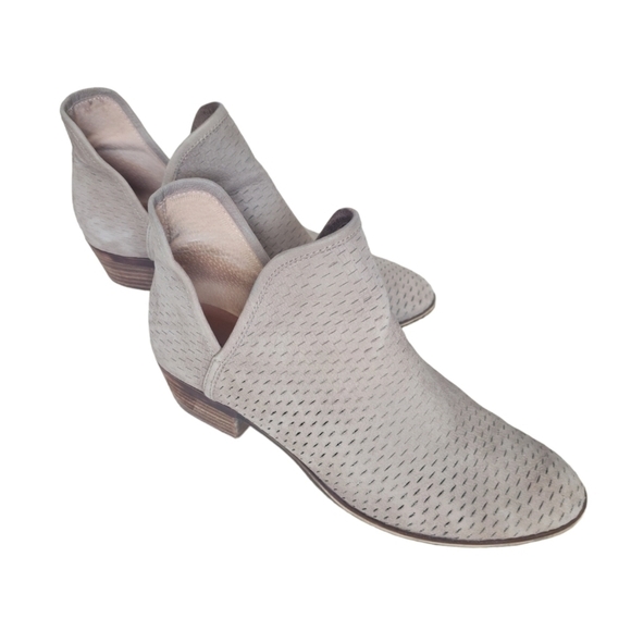 Lucky Brand Baley Brown Suede Perforated Stacked Heel Ankle Booties. - Picture 1 of 9